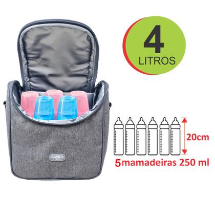Imagem de Porta Mamadeira Térmico Cinza Para Até 5 Mamadeiras Frasqueira Bebê Compacta 4L Passeio Maternidade Luxo Térmica Reforçada Isolamento PVC