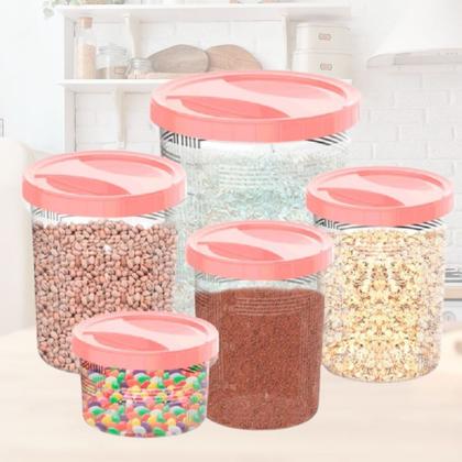 Imagem de Porta Mantimento Conjunto com 5 Potes e Tampa Com Rosca Rosa