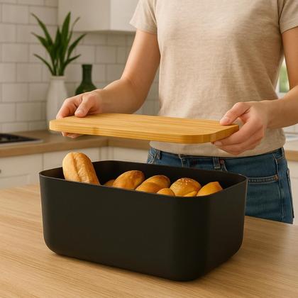 Imagem de Porta Pães com Tampa Migalheira Bambu 33cm Cesto Preto Organ