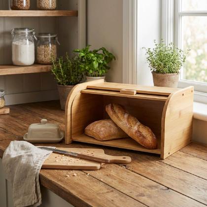 Imagem de Porta Pães Com Tampa Retrátil Em Bambu Para Pães e Bolos