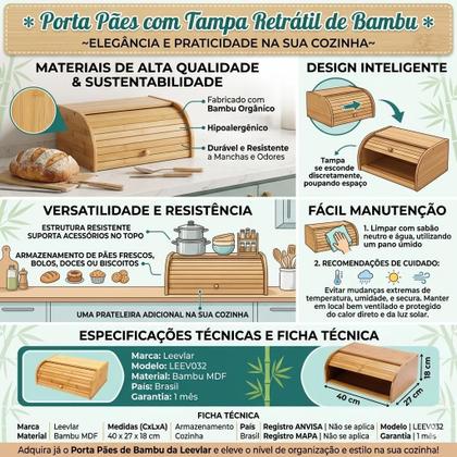 Imagem de Porta Pão com Tampa Retrátil em Madeira Armazenamento de Pães e Bolachas