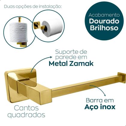 Imagem de Porta Papel Higiênico Dourado Aço Inox 304 Papeleira De Banheiro Metal Inox Suporte De Parede Lavabo Acessorio Quadrado Gold Brilhoso Luxo