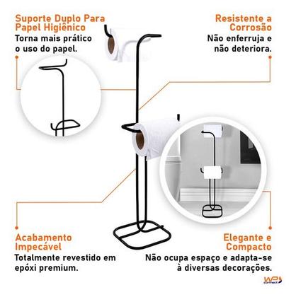 Imagem de Porta Papel Higiênico Duplo Papeleira De Chão Preta Superiore Organizador Decorativo Para Banheiro Lavabo