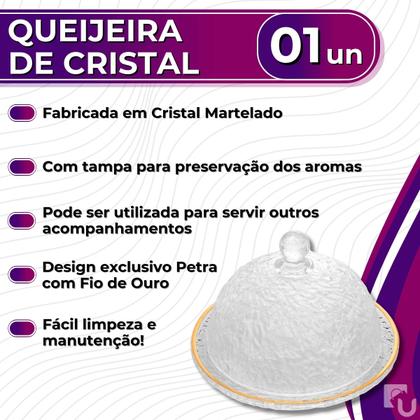 Imagem de Porta Queijo Queijeira De Cristal Martelado Transparente Com Tampa Borda Fio De Ouro Petra Lyor