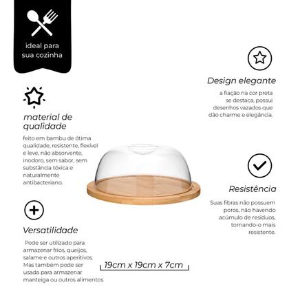 Imagem de Porta Queijo Queijeira Redonda Bambu Com Tampa Acrílico