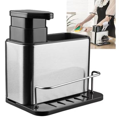 Imagem de Porta Sabão aço inox 3x1 Dispenser Detergente Bucha Esponja