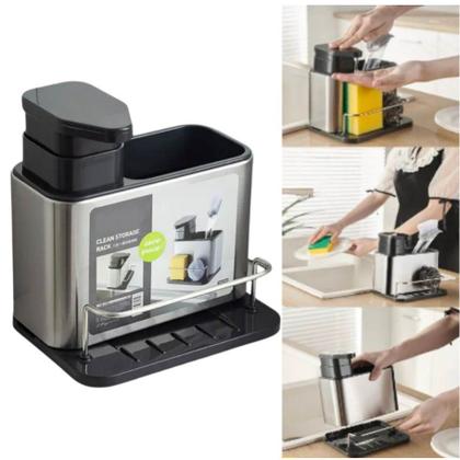 Imagem de Porta Sabão aço inox 3x1 Dispenser Detergente Bucha Esponja