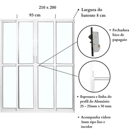 Imagem de Porta Sacada de Alumínio 4 Folhas 210 X 200cm com Fechadura Linha 25