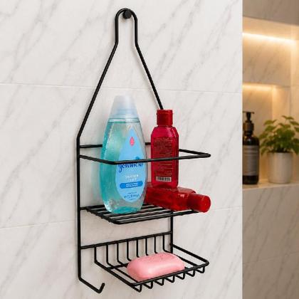 Imagem de Porta Shampoo Duplo Preto Organizador Multiuso Black Cozinha Banheiro 2 Prateleira Gancho Bucha Pano De Prato Saboneteir