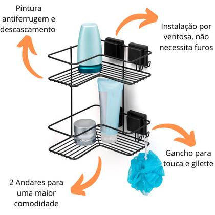 Imagem de Porta Shampoo Sabonete Duplo Ventosa Não Enferruja  Preto