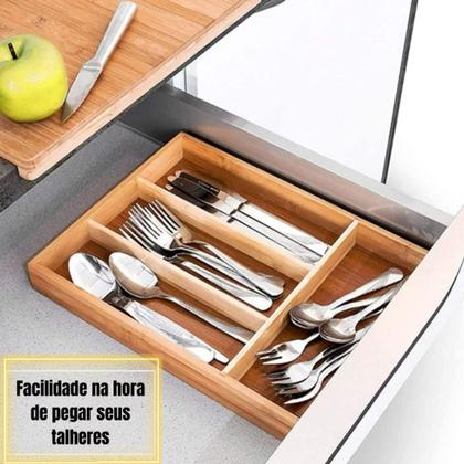 Imagem de Porta Talheres de Bambu com 4 Divisórias Organizador de Gaveta ou Bancada
