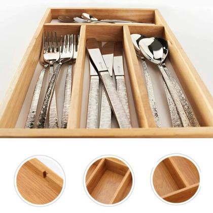 Imagem de Porta Talheres de Bambu com 4 Divisórias Organizador de Gaveta ou Bancada