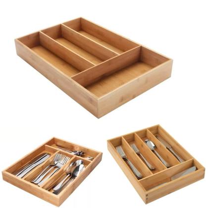 Imagem de Porta Talheres de Bambu com 4 Divisórias Organizador de Gaveta ou Bancada