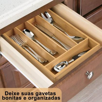 Imagem de Porta Talheres de Bambu com 4 Divisórias Organizador de Gaveta ou Bancada