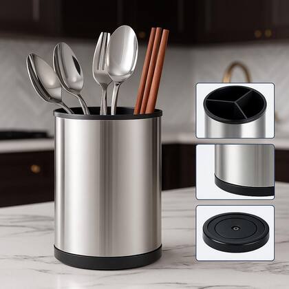 Imagem de Porta Talheres de Pia Inox Giratório 360º com Divisórias  Suporte Organizador Luxo de Utensílios de Cozinha