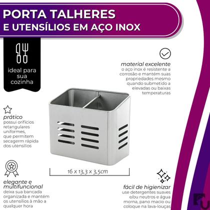 Imagem de Porta Talheres e Utensílios Duo Vazado em Aço Inox Escorredor para Pia - Prateado - Mimo Style