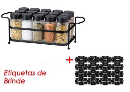 Imagem de Porta Tempero Condimento 15 Potes Vidro Tampa Dosadora Suporte Preto Organização Cozinha