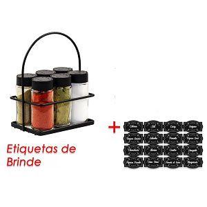 Imagem de Porta Tempero Condimento 6 Potes Vidro Tampa Dosadora Suporte Preto com Alça Organização Cozinha