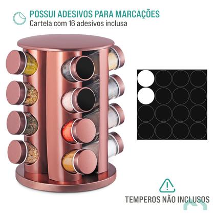 Imagem de Porta Tempero Condimento Inox Rose Gold 16 Potes Inox Vidro