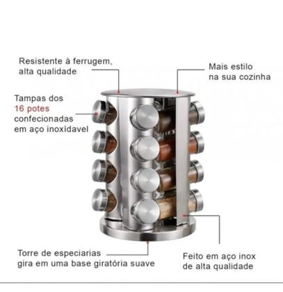 Imagem de Porta Tempero Condimento lnox Vidro Giratorio Cozinha 16 Pts