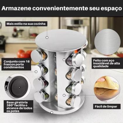 Imagem de Porta Tempero Inox Vidro 16 Peças Giratório Organização Total