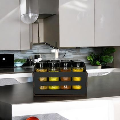 Imagem de Porta Tempero Mdf Com 12 Potes De Plástico Caixote Caixa