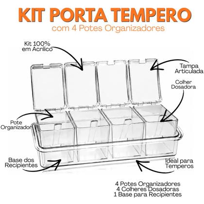 Imagem de Porta Tempero Separa 4 Acompanhamentos C/ Mini Colher Acrilico Cozinha Organizador Condimentos