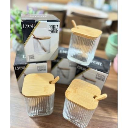 Imagem de  Porta Tempero Vidro Canelado e Tampa de Bambu C/ Colher