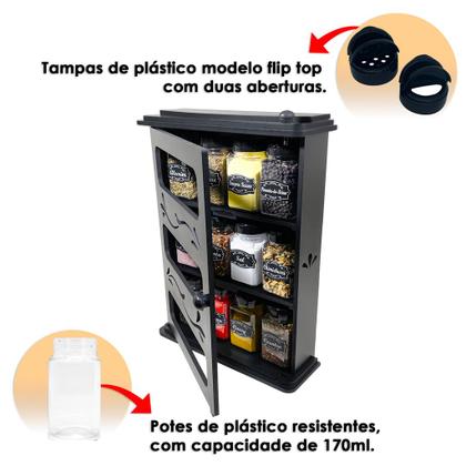 Imagem de Porta Temperos Condimentos Armarinho MDF kit 12 potes 170ml com Tampa Dosadora e Adesivos .ARM