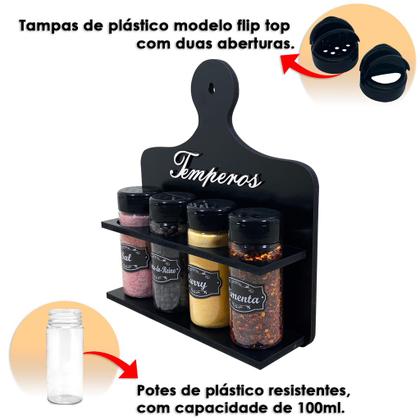 Imagem de Porta Temperos Condimentos MDF kit 04 potes com Tampa Dosadora Suporte e Adesivos