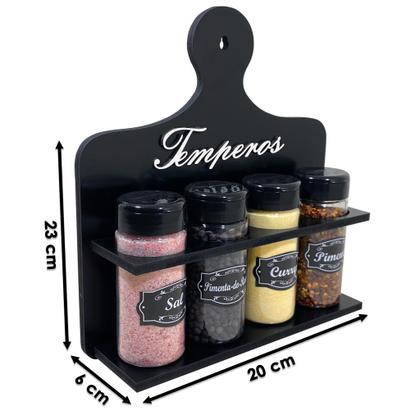 Imagem de Porta Temperos Condimentos MDF kit 04 potes com Tampa Dosadora Suporte e Adesivos