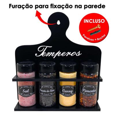 Imagem de Porta Temperos Condimentos MDF kit 04 potes com Tampa Dosadora Suporte e Adesivos