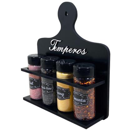 Imagem de Porta Temperos Condimentos MDF kit 04 potes com Tampa Dosadora Suporte e Adesivos