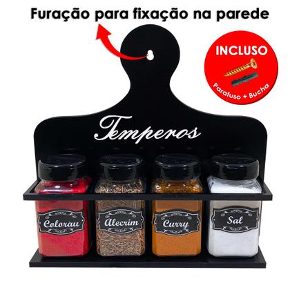 Imagem de Porta Temperos Condimentos MDF kit 04 potes quadrado com Tampa Dosadora Suporte e Adesivos
