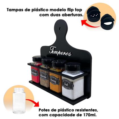 Imagem de Porta Temperos Condimentos MDF kit 04 potes quadrado com Tampa Dosadora Suporte e Adesivos