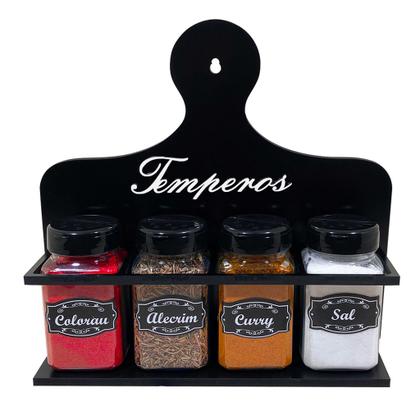 Imagem de Porta Temperos Condimentos MDF kit 04 potes quadrado com Tampa Dosadora Suporte e Adesivos