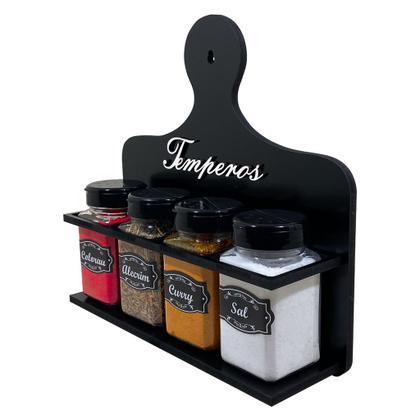 Imagem de Porta Temperos Condimentos MDF kit 04 potes quadrado com Tampa Dosadora Suporte e Adesivos