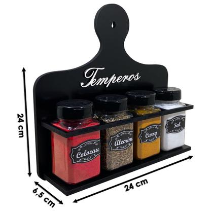 Imagem de Porta Temperos Condimentos MDF kit 04 potes quadrado com Tampa Dosadora Suporte e Adesivos