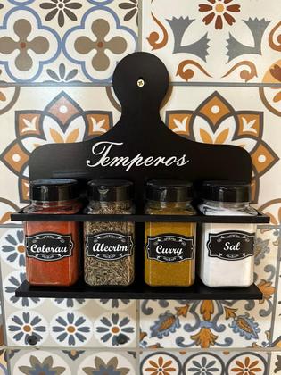 Imagem de Porta Temperos Condimentos MDF kit 04 potes quadrado com Tampa Dosadora Suporte e Adesivos