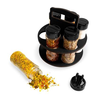 Imagem de Porta Temperos Condimentos MDF kit 06 potes com Tampa Dosadora Suporte Adesivos Identificadores