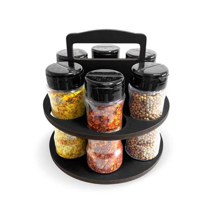 Imagem de Porta Temperos Condimentos MDF kit 06 potes com Tampa Dosadora Suporte Adesivos Identificadores