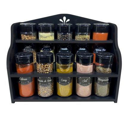 Imagem de Porta Temperos/Condimentos MDF kit 10 potes c/ Tampa Dosadora + Suporte + Adesivos *SOF