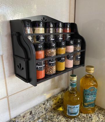 Imagem de Porta Temperos/Condimentos MDF kit 10 potes c/ Tampa Dosadora + Suporte + Adesivos *SOF