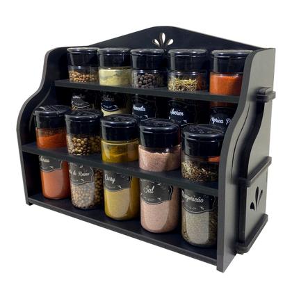 Imagem de Porta Temperos/Condimentos MDF kit 10 potes c/ Tampa Dosadora + Suporte + Adesivos *SOF