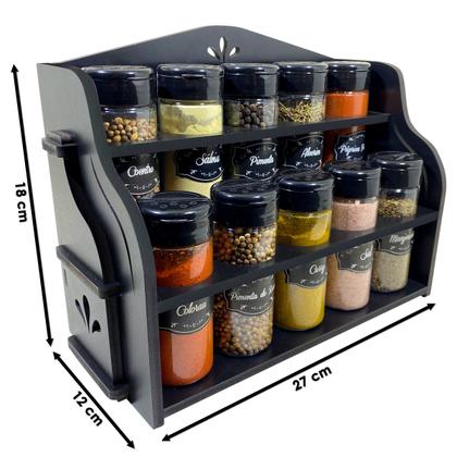 Imagem de Porta Temperos/Condimentos MDF kit 10 potes c/ Tampa Dosadora + Suporte + Adesivos *SOF
