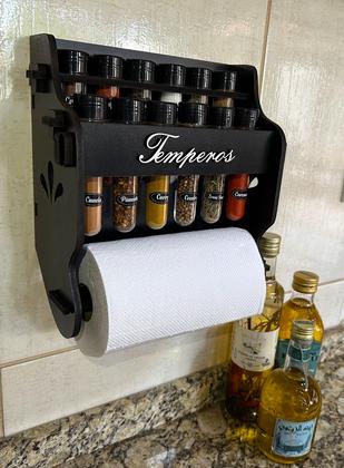 Imagem de Porta Temperos/Condimentos MDF kit 12 Tubetes + Suporte para papel toalha + Adesivos *TLT
