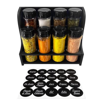 Imagem de Porta Temperos Condimentos MDF kit 8 potes 130ml com Tampa Dosadora Suporte Adesivos de Identificação para Bancada Cozinha