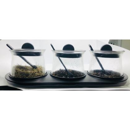 Imagem de Porta Temperos de Vidro com Colher 300ML Com 3 Peças Preto