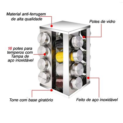 Imagem de Porta Temperos E Condimentos Giratório Aço Inox 16 Potes De Vidro