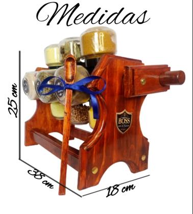 Imagem de Porta temperos giratório com manivela em madeira e 12 potes